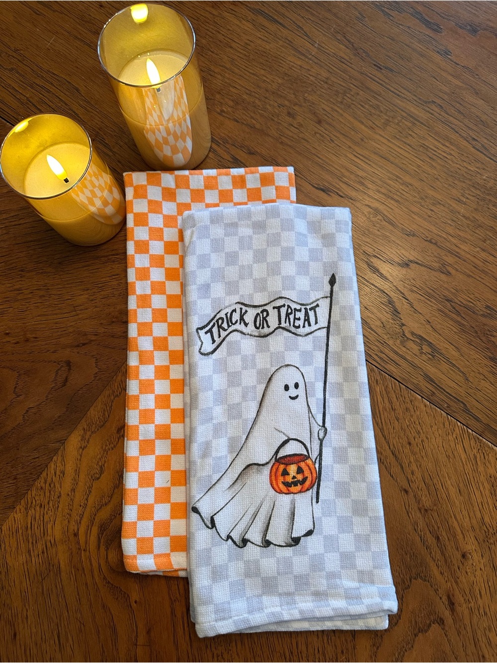 Halloween Kitchen Towels Set of 2 Trick or Treat Ghost Pumpkin Orange Check